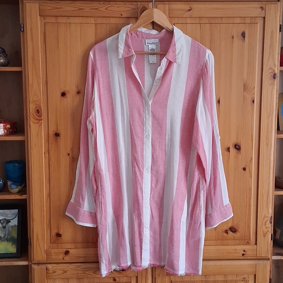 Tommy Bahama Dresses & Skirts - Tommy Bahama Pink White Stripe Linen Blend Preppy Boyfriend Shirt Dress Size XL